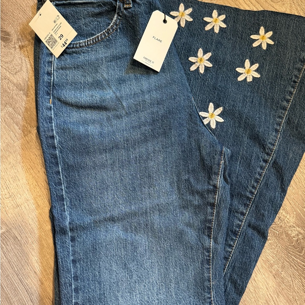 Forever 21 Flare Blue Jeans with Floral Embroidery